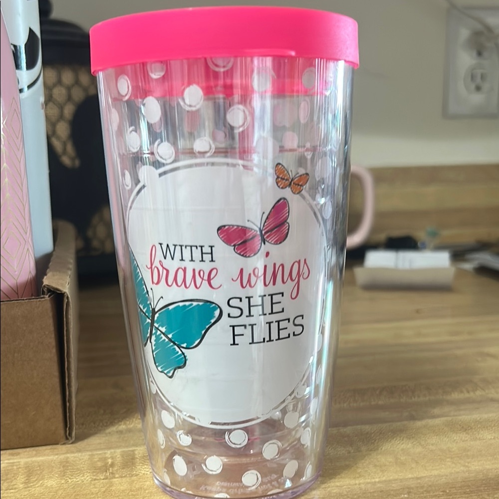 Pink and Clear Tumbler with Butterfly Design